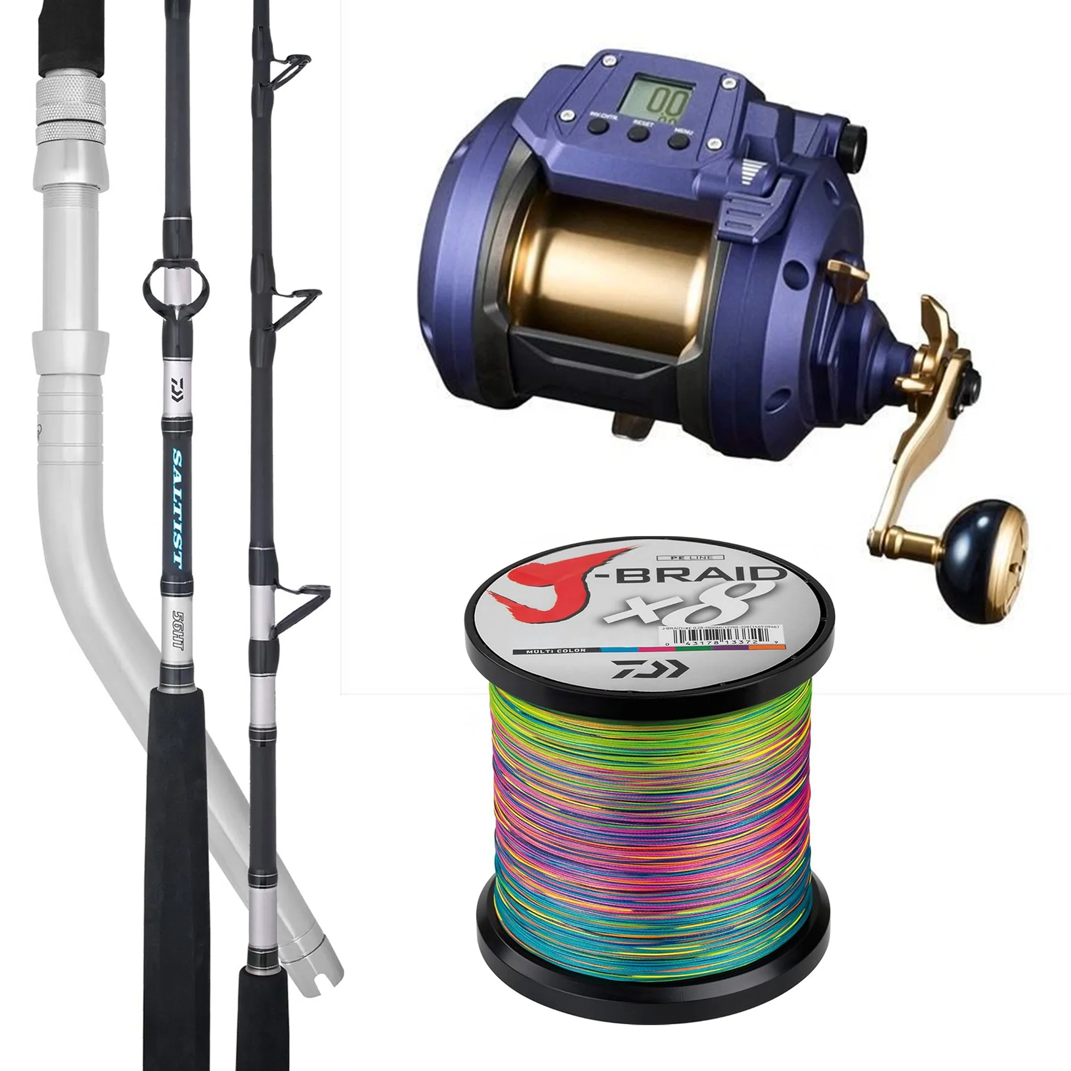 Daiwa Seapower 800/ Daiwa Saltist Dendoh Rod 6'4"HT 80-200lb (Swivel Tip)/ Daiwa J-Braid 80lb Bulk Spooling - Multicolour