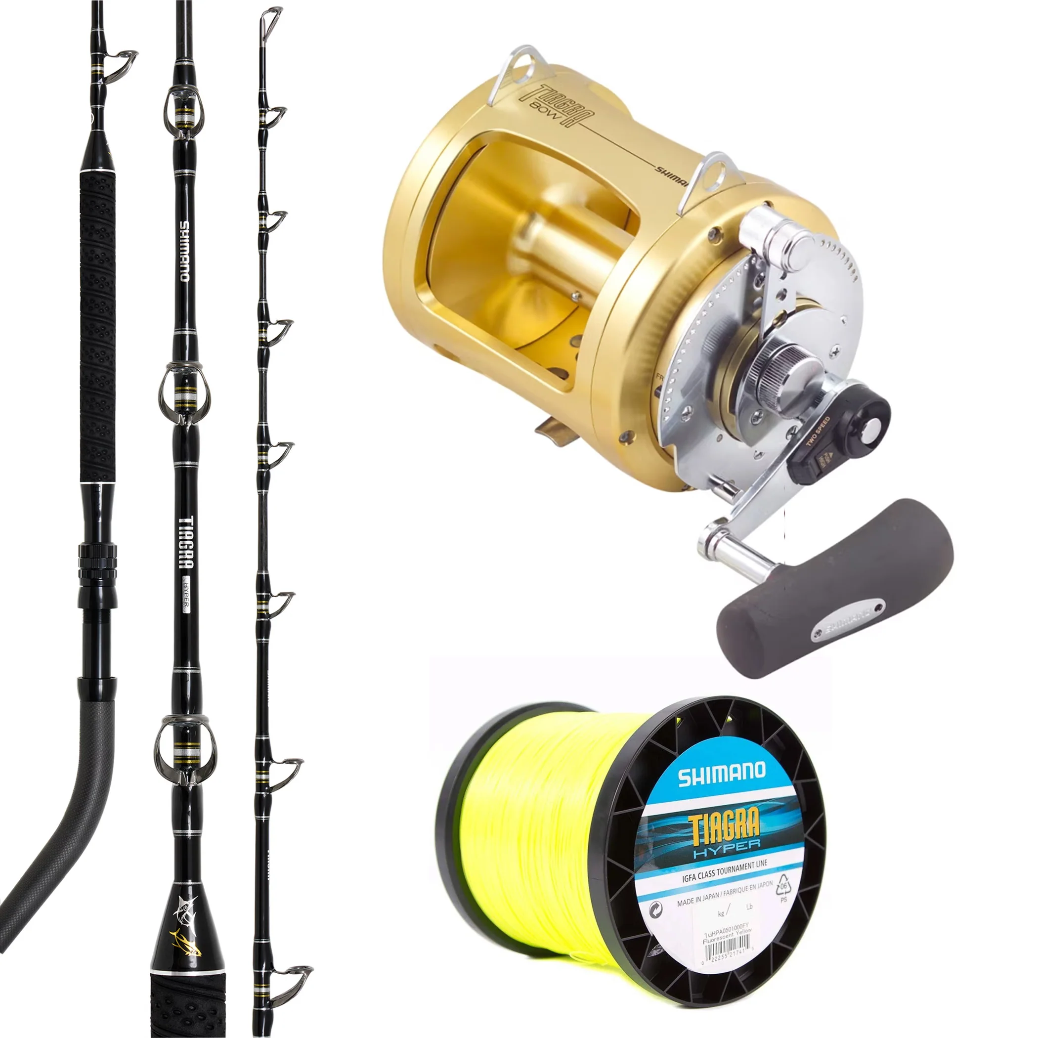 Shimano 25 Tiagra Hyper 37kg Bent Butt/ Shimano Tiagra Reel 80WA/ Shimano Tiagra Hyper 37kg 1000m - Yellow IGFA